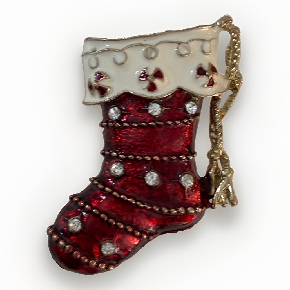Shiny Christmas Stocking Gold Tone Brooch Pin Red Enamel‎ Rhinestones 2"